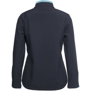 A black three-layer softshell jacket with a turquoise collar and an unadorned back.