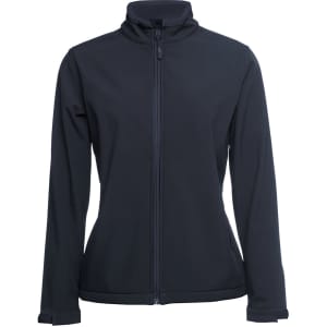 A black women's three-layer softshell jacket with a front zip and a high collar. It has a logo on it.