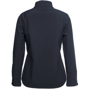 A black three-layer softshell jacket with a high collar and a smooth back design, featuring a logo.