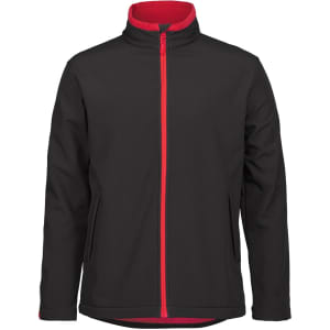A soft shell jacket in black with a red zip and inner lining, featuring side pockets and a zip-up design.