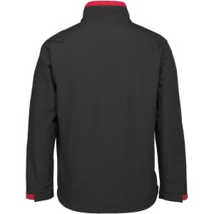 A black soft shell jacket with red accents and a collar. The back view showcases a simple design and a logo detail.