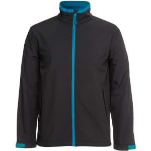 A soft shell jacket in black with blue accents and a full zip front. It features side pockets and a collar.