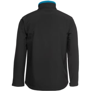 A black soft shell jacket featuring a contrasting blue collar and a logo. The back view showcases its sleek design.