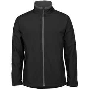 A black soft shell jacket featuring a zip-up front and side pockets, with a grey interior and a logo present.