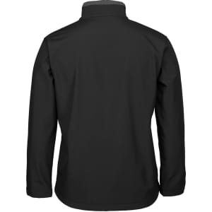 A black soft shell jacket with a high collar, featuring a back view and a simple, sleek design.