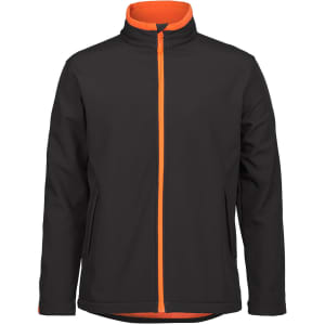 A black soft shell jacket with an orange interior and contrasting zipper, featuring a logo on the front.