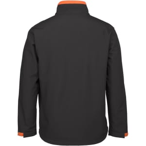 A black soft shell jacket with orange accents, featuring a collar and long sleeves. It has a logo on the back.