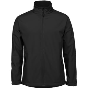 A black soft shell jacket featuring a front zipper and side pockets, with a branding logo.