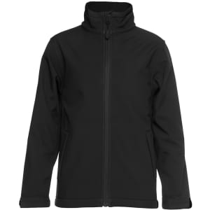 A black soft shell jacket with a zip front, high collar, and side pockets. It features a logo on the design.