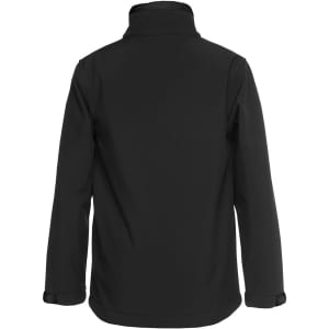 A black soft shell jacket with a high collar, featuring a sleek, smooth finish and an adjustable sleeve design.