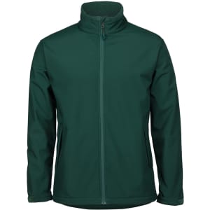 A dark green soft shell jacket with a full zip and side pockets, featuring a logo on the chest.