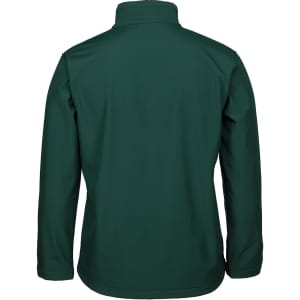 A green soft shell jacket featuring a high collar and a simple design, with a logo on the back.