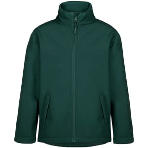 A soft shell jacket in dark green featuring a zip front and side pockets, complete with a logo.