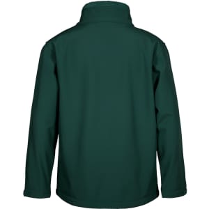 A soft shell jacket in dark green with a high collar and long sleeves, featuring branding on the back.