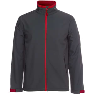 A soft shell jacket featuring a grey outer with a red zip and inner lining. It has a logo on one side.