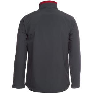 A soft shell jacket in dark grey with a red collar, featuring a logo on the back.