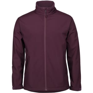 A maroon soft shell jacket with a high collar and side pockets, featuring branding on the front.