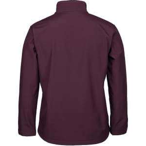 A soft shell jacket in a deep burgundy colour, featuring a high collar and a plain back design.