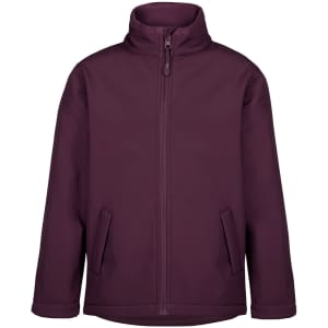 A soft shell jacket in plum with a high collar and zip front, featuring side pockets and a branding logo.