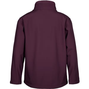 A soft shell jacket in a deep burgundy colour, featuring a high collar and long sleeves. It has a logo on the back.
