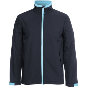 A soft shell jacket in black with light blue accents and a zip front. It features a high collar and side pockets.