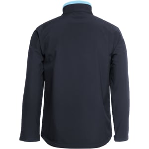 A soft shell jacket in black, featuring a light blue collar and a logo on the back.