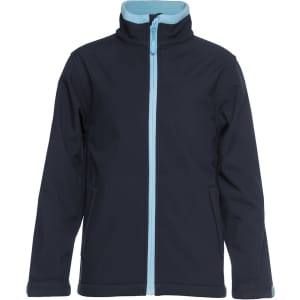 A soft shell jacket in navy blue with a light blue zipper and inner lining, featuring a logo on the chest.