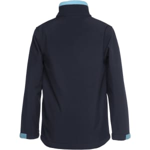 A dark navy soft shell jacket featuring a light blue collar and cuffs, with a small logo on the back.