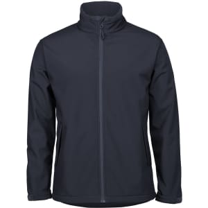 A dark navy soft shell jacket with a front zip and two side pockets. Includes a logo.