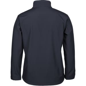 A soft shell jacket in dark navy, featuring a collar and long sleeves. It has a logo on the back.
