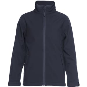 A soft shell jacket in navy blue, featuring a zip front and a high collar. It includes a logo on the fabric.