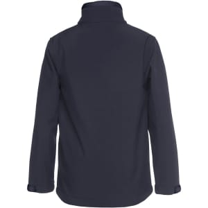 A soft shell jacket in navy blue featuring a high collar and long sleeves. It has a clean, simple design with a logo.