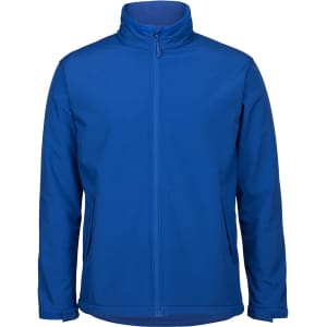 A blue soft shell jacket featuring a zip front and a collar, with a logo present.