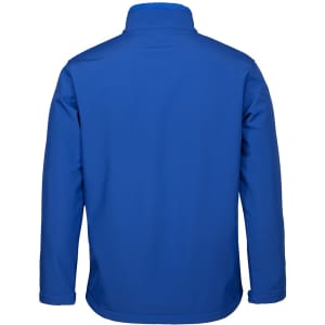 A blue soft shell jacket featuring a high collar and a plain back design, with a logo present.