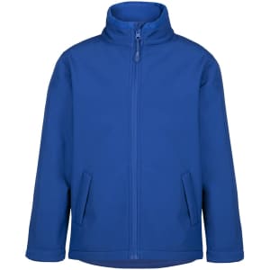 A soft shell jacket in vibrant blue, featuring a zip-up front and side pockets. It has a branding logo.