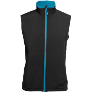 A black three-layer softshell vest with a turquoise inner collar and zipper, featuring a logo.