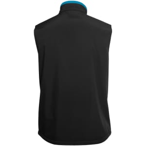 A black softshell vest with a blue collar, featuring a logo on the back.