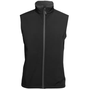 A black three-layer softshell vest with a high collar and zip front, featuring a logo.