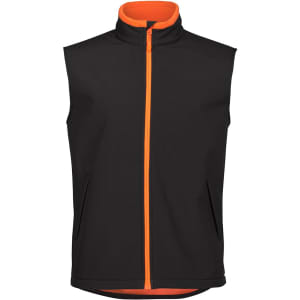 A black three-layer softshell vest with orange accents and a zip closure, featuring side pockets and a high collar.