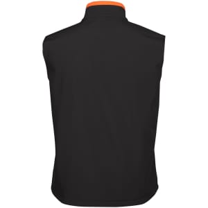 A black three-layer softshell vest with an orange collar, featuring a logo.