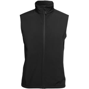 A black three-layer softshell vest with a high collar and a front zipper, featuring a logo.