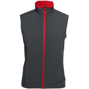 A three-layer softshell vest in dark grey with a red collar and zipper, featuring a logo.