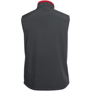 A dark grey three-layer softshell vest with a red collar and a logo on the back.