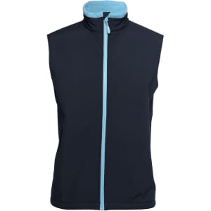 A navy three-layer softshell vest with a light blue collar and zip. Features a branded logo.