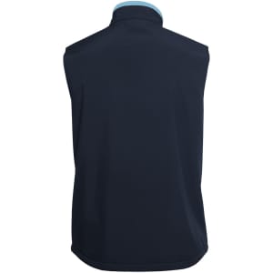 A dark navy three-layer softshell vest with a high collar and a smooth finish, featuring a logo.