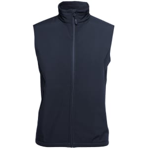 A black three-layer softshell vest with a high collar and a front zipper. It features a logo on the fabric.