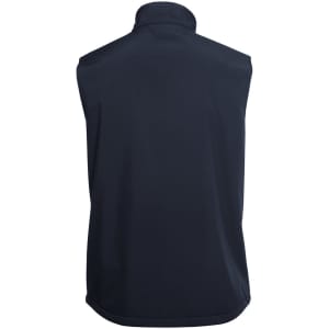 A dark navy three-layer softshell vest with a high collar and no visible front features. Includes a logo.