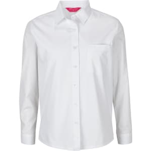 A white long-sleeve button-up shirt featuring a pocket and a logo.
