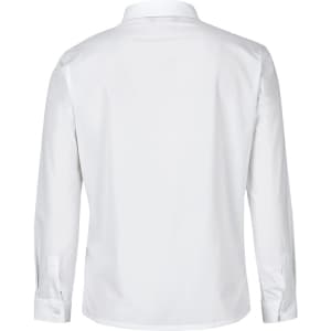 A white long-sleeved button-up shirt with a collar and double-layered design, featuring a logo on the back.
