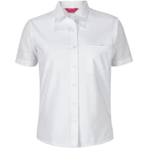 Short-sleeved white button-up shirt featuring a pocket and a logo. Suitable for casual or professional wear.